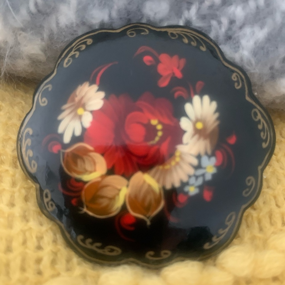 Vintage Russian Brooch  RARE find. Lacquer Hand painted  Wooden